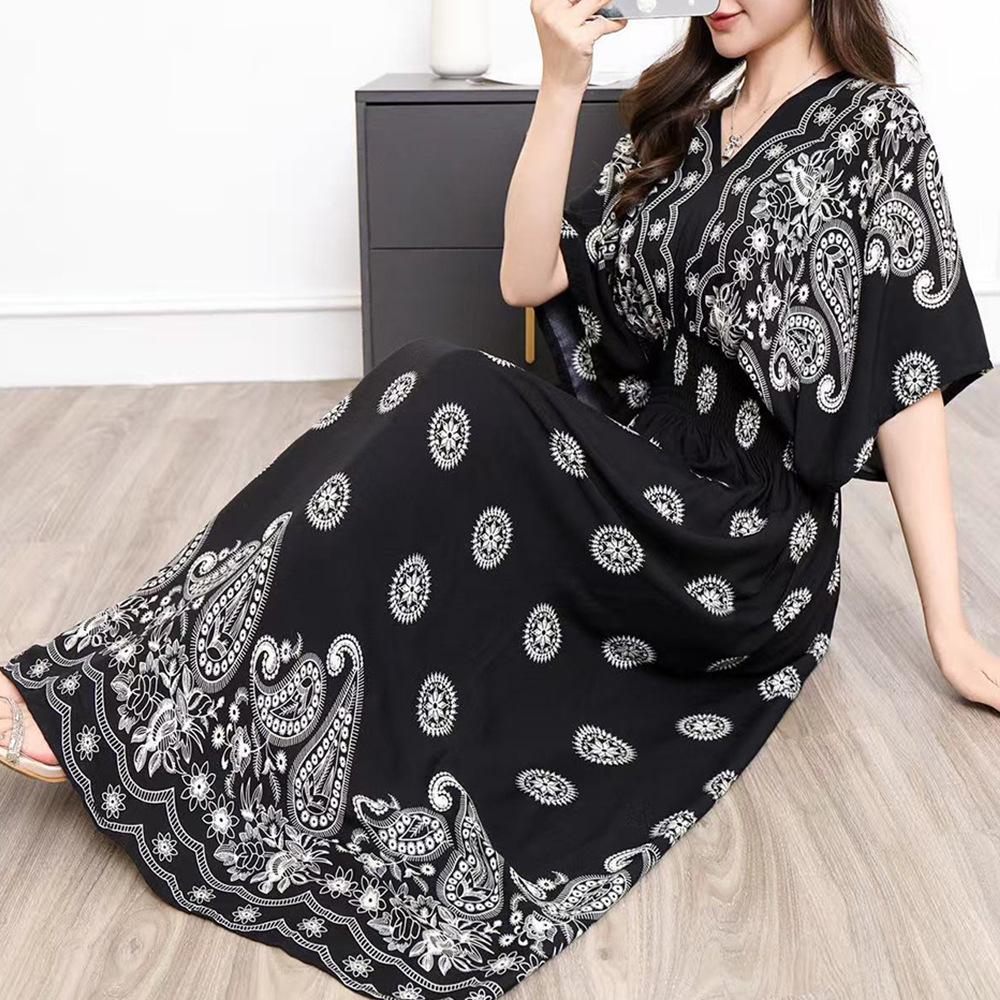 26-Year Floral V-Neck Cotton Silk Batwing Sleeve Beach Dress - Thailand Travel & Vacation Skirt Style