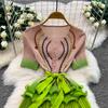 Elegant Beaded Embroidery Oversize Pleated Dress Women Summer Gradient Pink Green V Neck Ruffle Belt High Elastic Midi Dress