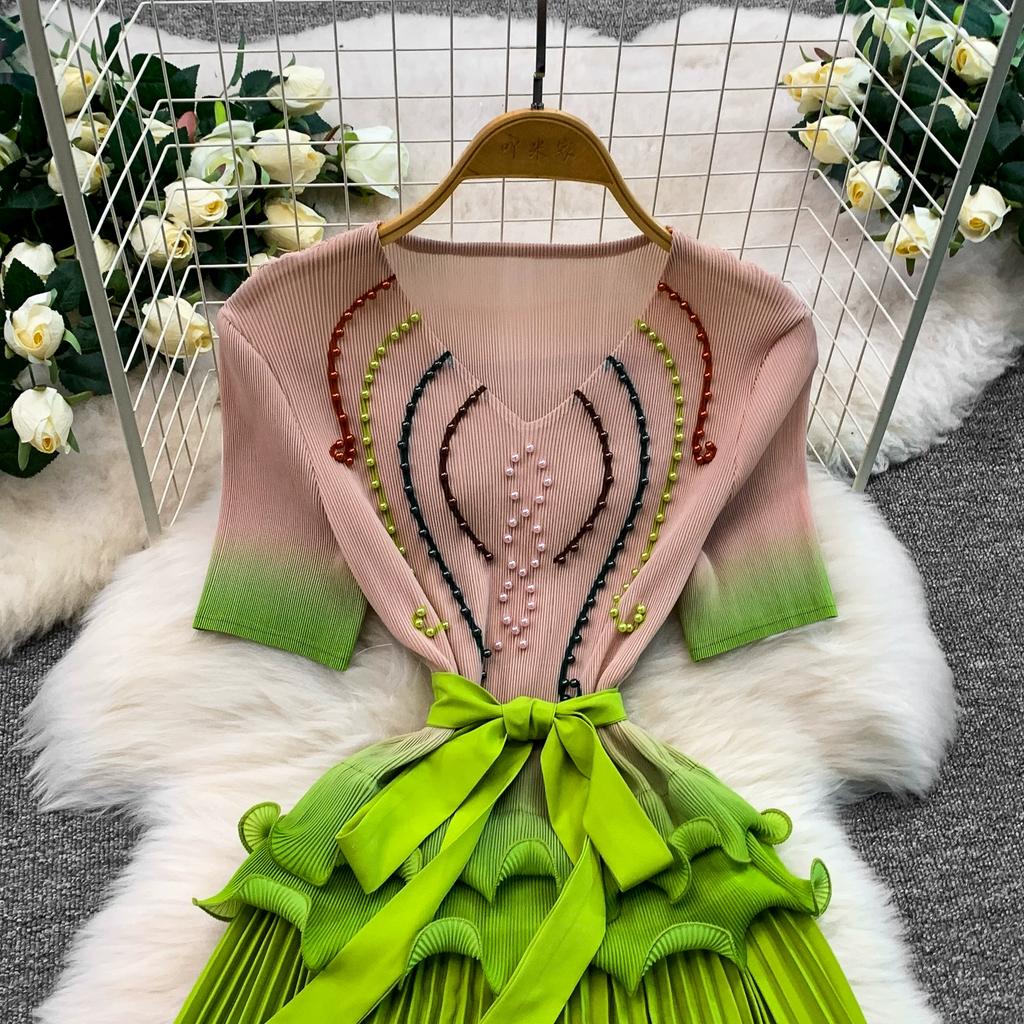 Elegant Beaded Embroidery Oversize Pleated Dress Women Summer Gradient Pink Green V Neck Ruffle Belt High Elastic Midi Dress