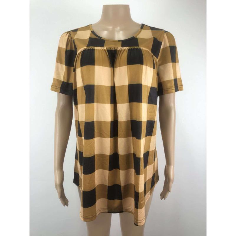 Summer Women's T-shirt Plaid Printed Round Neck Loose Milk Silk Plus Size Tops