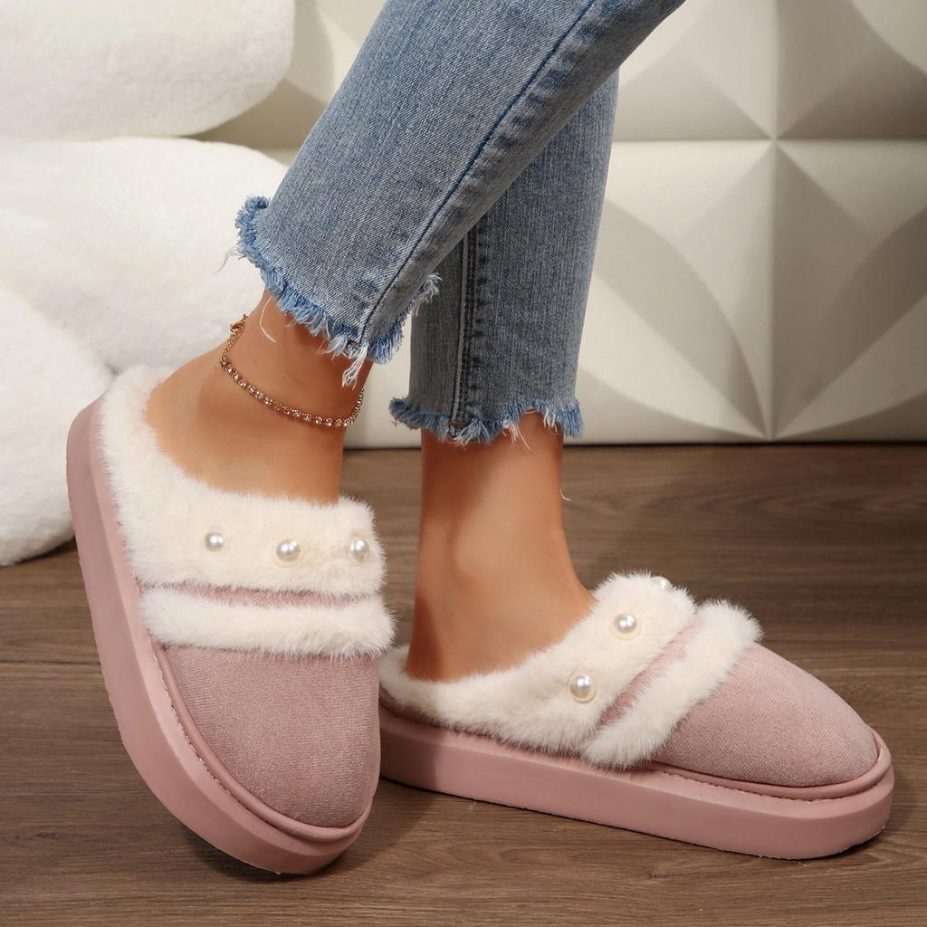 Modne Luksusowe Perłowe Ozdoby Klapki z Faux Fur Damskie Ciepłe Krótkie Pluszowe Kapcie Domowe 2025 Zima Miękka Gruba Podeszwa Futrzane Klapki Mule