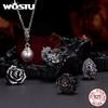 WOSTU 925 Silver Vintage Gothic Black Rose Flower Heart Beads, Retro Pearl Pendant Rainbow Charms Fit DIY Jewelry Make