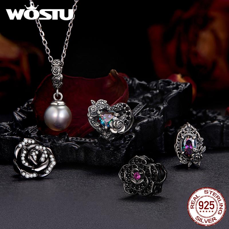 WOSTU 925 Silver Vintage Gothic Black Rose Flower Heart Beads, Retro Pearl Pendant Rainbow Charms Fit DIY Jewelry Make