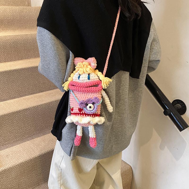 Knitted Pink Lovely Crossbody Bag For Children Featuring Cute Cartoon Motif Doll