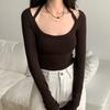 Black Long-sleeved T-shirt for Women, Spring Inner Layering Shirt, Niche Design, Halter Neck, Clavicle Slimming, Short Top