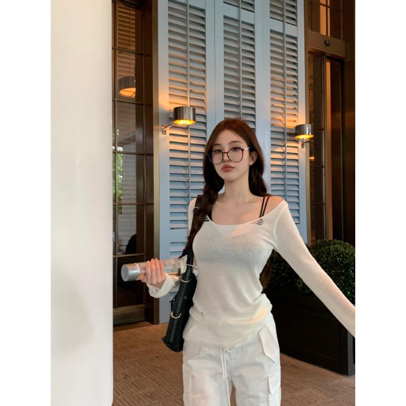 

Корейская Сладкая Трикотажная Футболка с Длинным Рукавом и Дырочками Женская Тонкая Солнцезащитная Блуза-Смокинг Облегающая Приталенная Уникальная и Шикарная One size