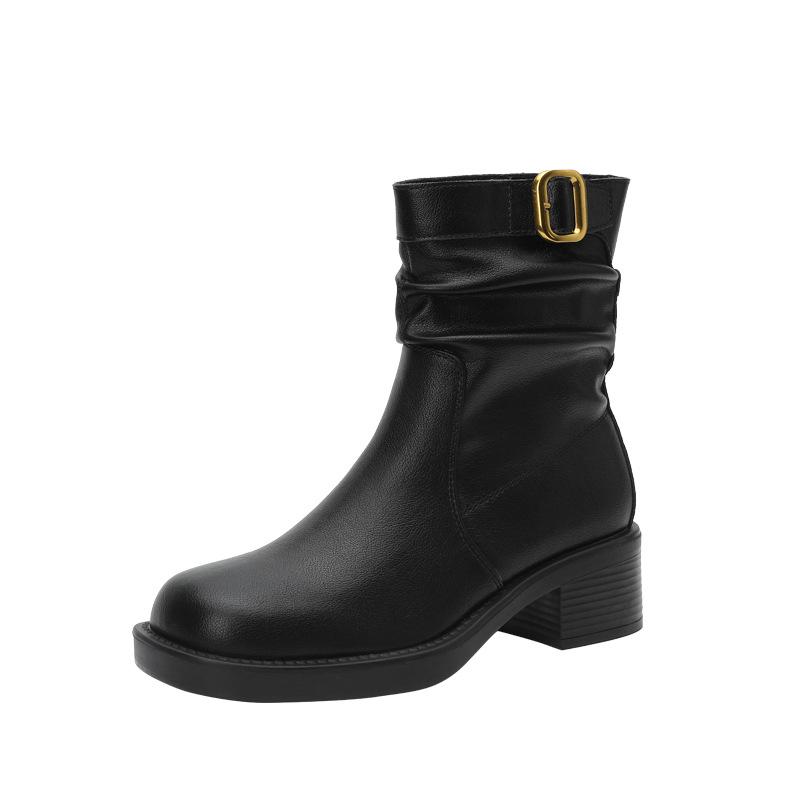 This year's popular western style retro pleated boots short boots women's 2025 autumn and winter new round square head thick heel Martin boots
