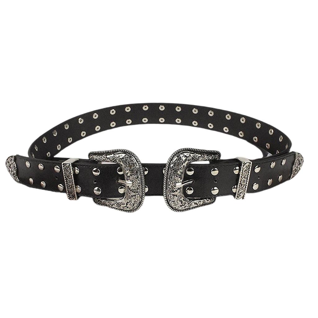 Vintage Punk Double Buckle Belt For Women Rivet Studded PU Leather Gothic Y2K Retro Style