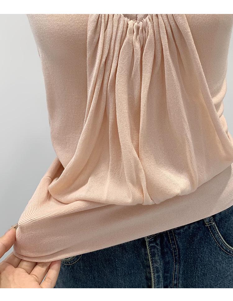 Design-Conscious Pink Pleated Halter Neck V-Neck Open-Back Slim Camisole for Women - New 2026 Summer Style