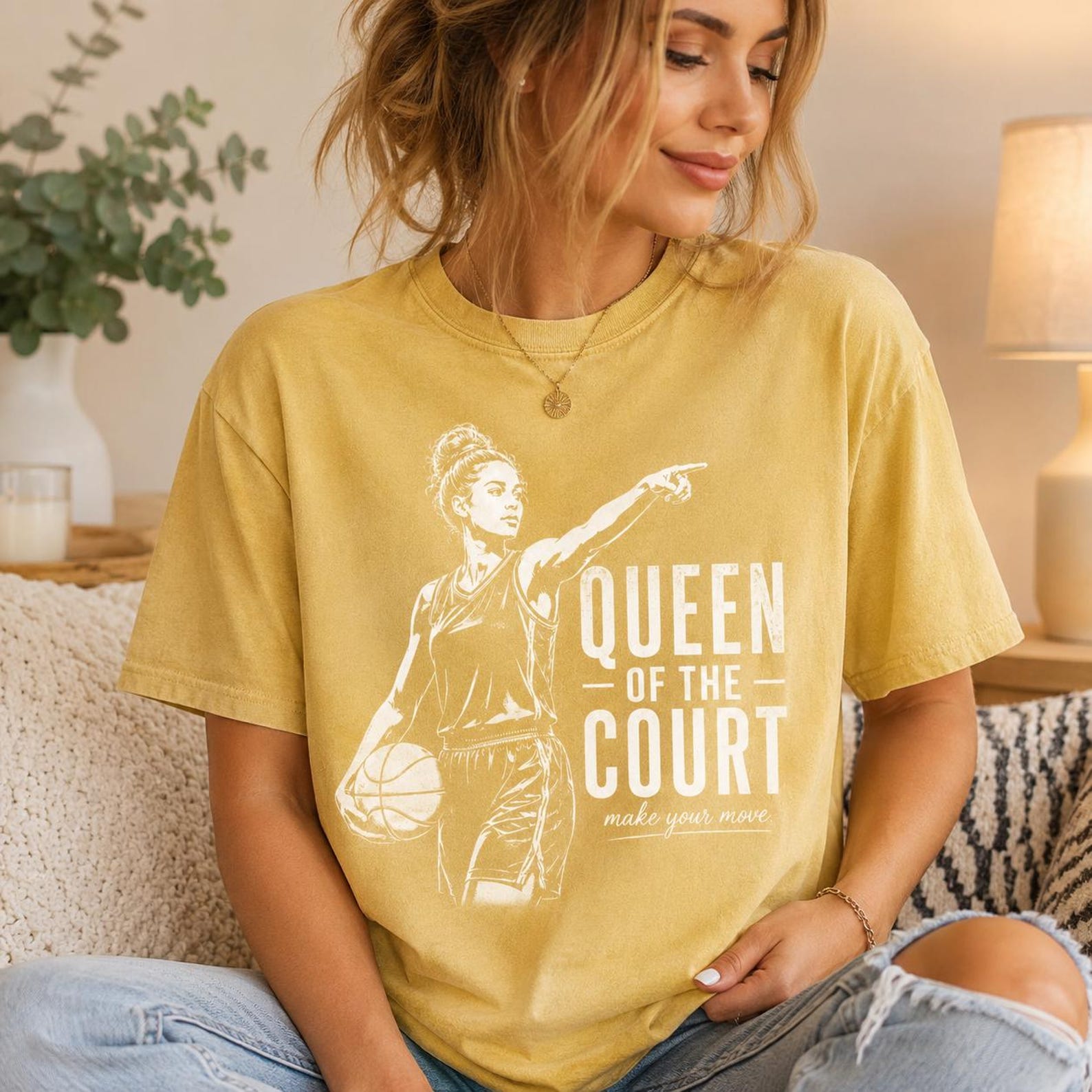 Queen of the Court Basketball Shirt, Comfort Colors Yellow Tee, Women’s Hoops Graphic, Girls Sports Gift, Game Day Outfit Tee for Her S