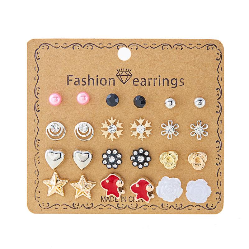 12-Pair Rhinestone Stud Earrings Set: Flower, Heart, Star & Moon Designs