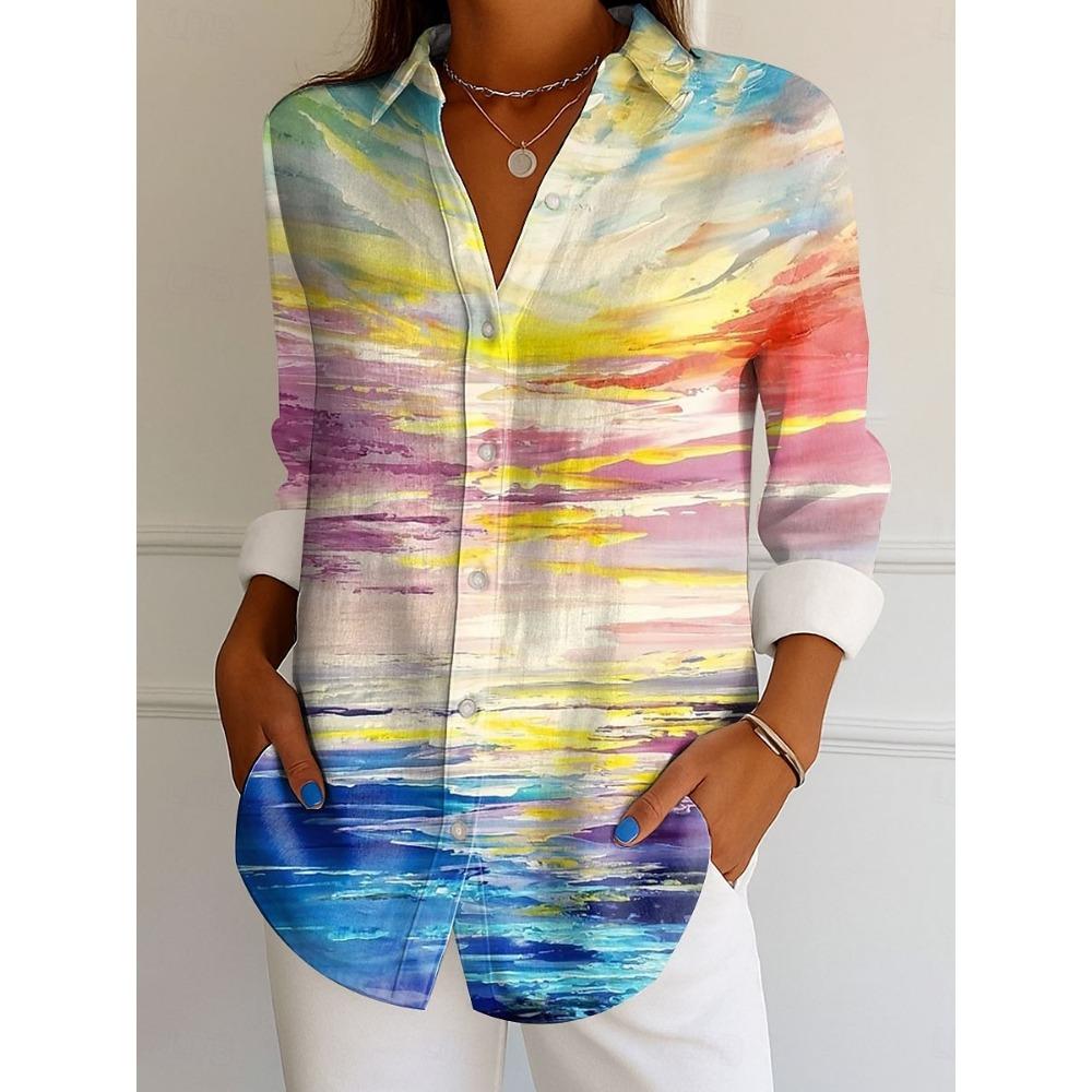 Damenhemd Ombre Grafik Elegant Vintage Tropisch Langarm Hemdkragen Reguläre Oberteile Arbeit Knöpfe Druck Sommer Frühling