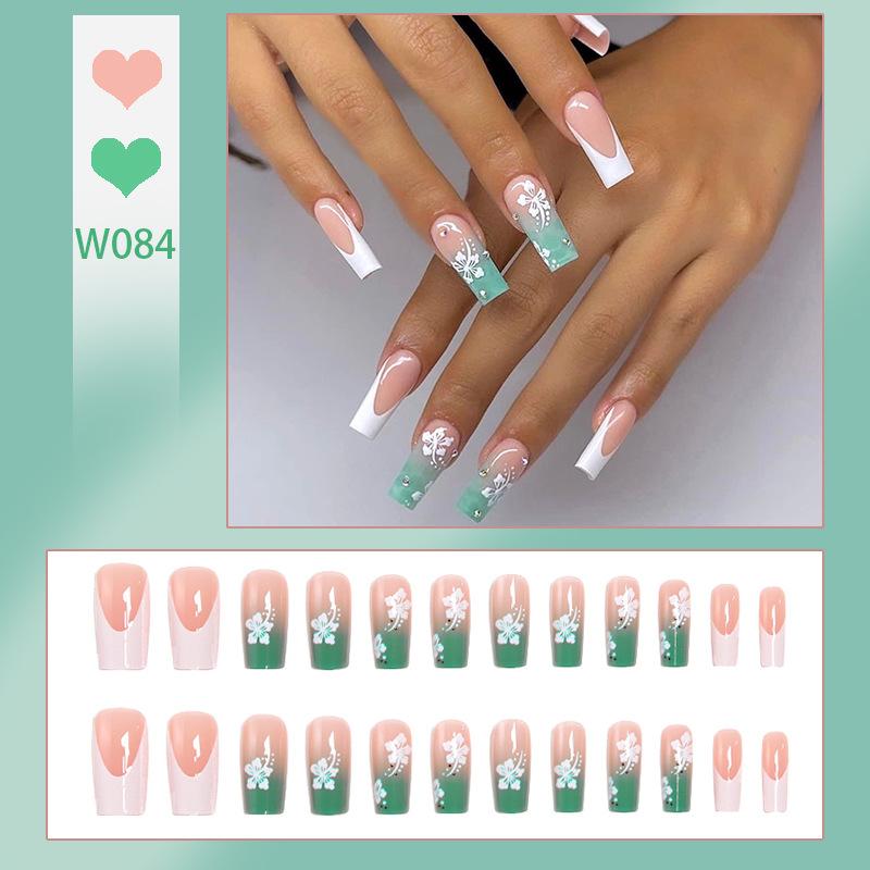 Gradient Wearable Nails Pure Handmade Long Manicure Green White Nail Stickers Small Clear Wearable Nails