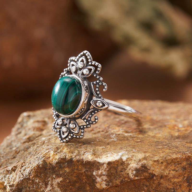 Personalized Retro Thai Silver Natural Colored Treasure Ring Female S925 Sterling Silver Court Pattern Advanced Sense Index Finger Ring