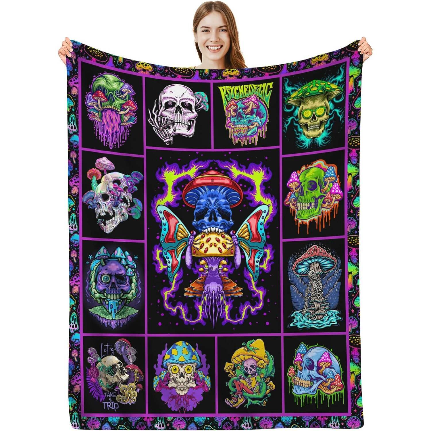 Mushroom Skull Blanket Purple Neon Skull Mushroom Rim Velvet Blanket Gothic Mushroom Skull Adult Gift Size: 75*100cm, Weight: 230 GSM