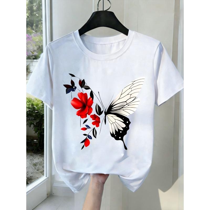 

Новая женская футболка с круглым вырезом и коротким рукавом, принт «Бабочка и цветок», черная, белая, серая, эластичная, мягкая, для любого сезона, повседневная S белый