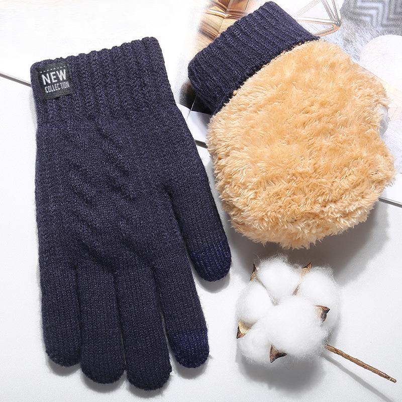 Men's Winter Knitted Touchscreen Gloves, Double-Layer Velvet, Thick and Warm for Cycling and Cold-Proof