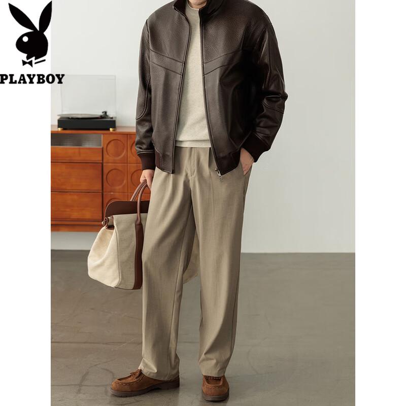 PLAYBOY Men's Genuine Sheepskin Leather Stand Collar Casual Jacket