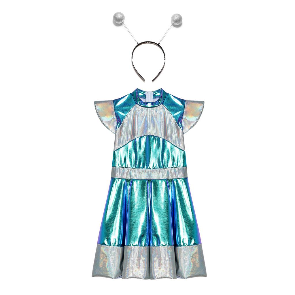 Kids Girls Halloween Alien Cosplay Costume Outer Space Cutie Costume Dress with Funny Alien Hair Hoop Accessory