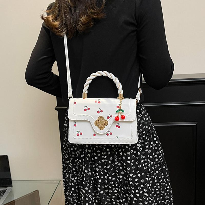 Women Cherry Square Bag PU Leather Sweet Cherry Crossbody Bag Adjustable Strap Sling Ladies Outdoor Small Handbags