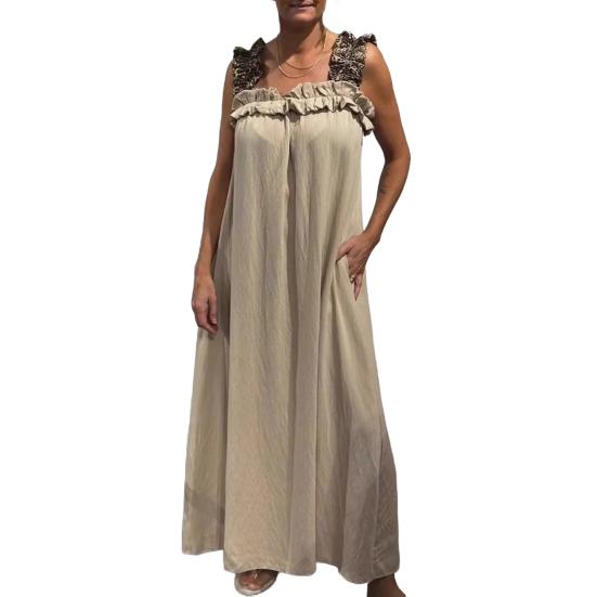 Women's Sleeveless Maxi Dress Ruffle Strap Square Neck Long Dress Casual Boho A-line Dress with Pocket Summer Beach Sundress
