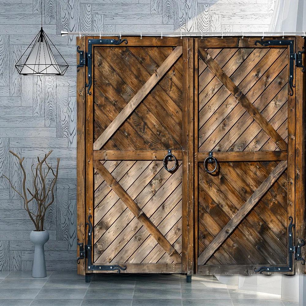Wooden Door Print Shower Curtain Farm Vintage Door House Decoration Polyester Fabric Partition Bath Curtain Bathroom Bathtub
