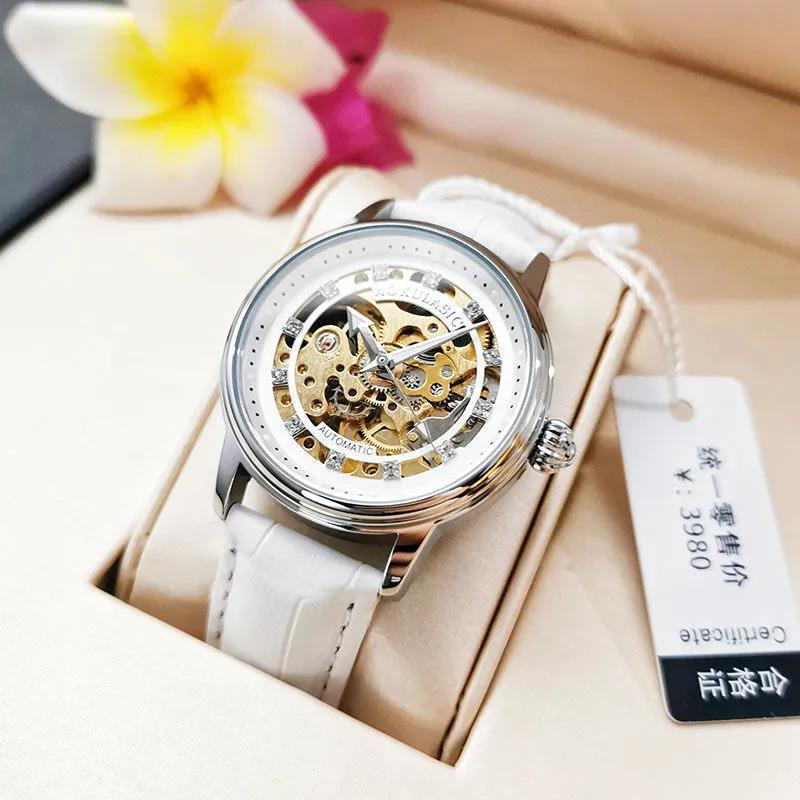 Hohles Diamant-Set Automatische Mechanische Uhr Damen Mode Einfache Leuchtende Wasserdichte Uhr Damen Gezeiten