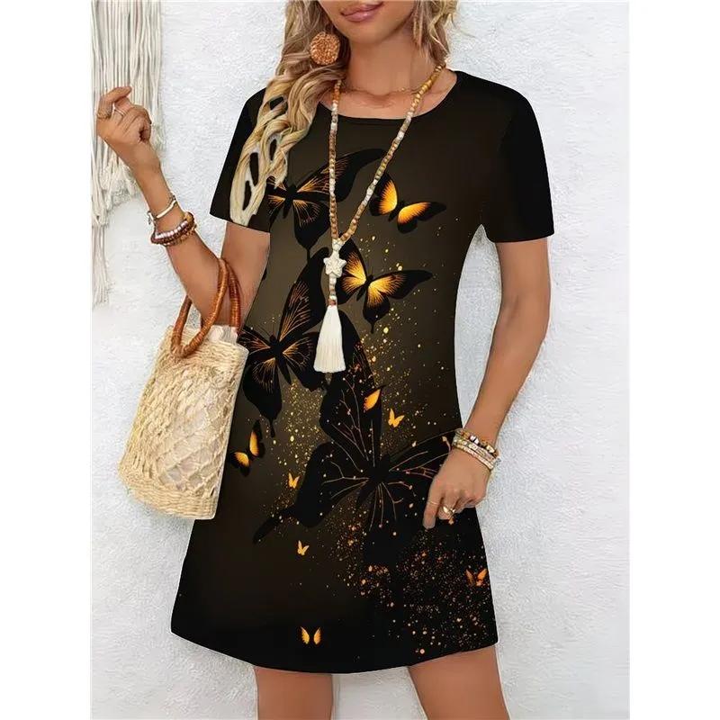 Fashion Women's Crew Neck Dress 3D Butterfly Color Printed Butterfly Dress