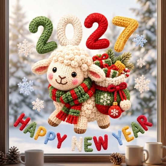 Decorative Glass Clings Happy New Year Window Cling, 2027 Crochet Sheep Snowflake Static Glas Sticker, Reusable Christmas Holiday Decoration