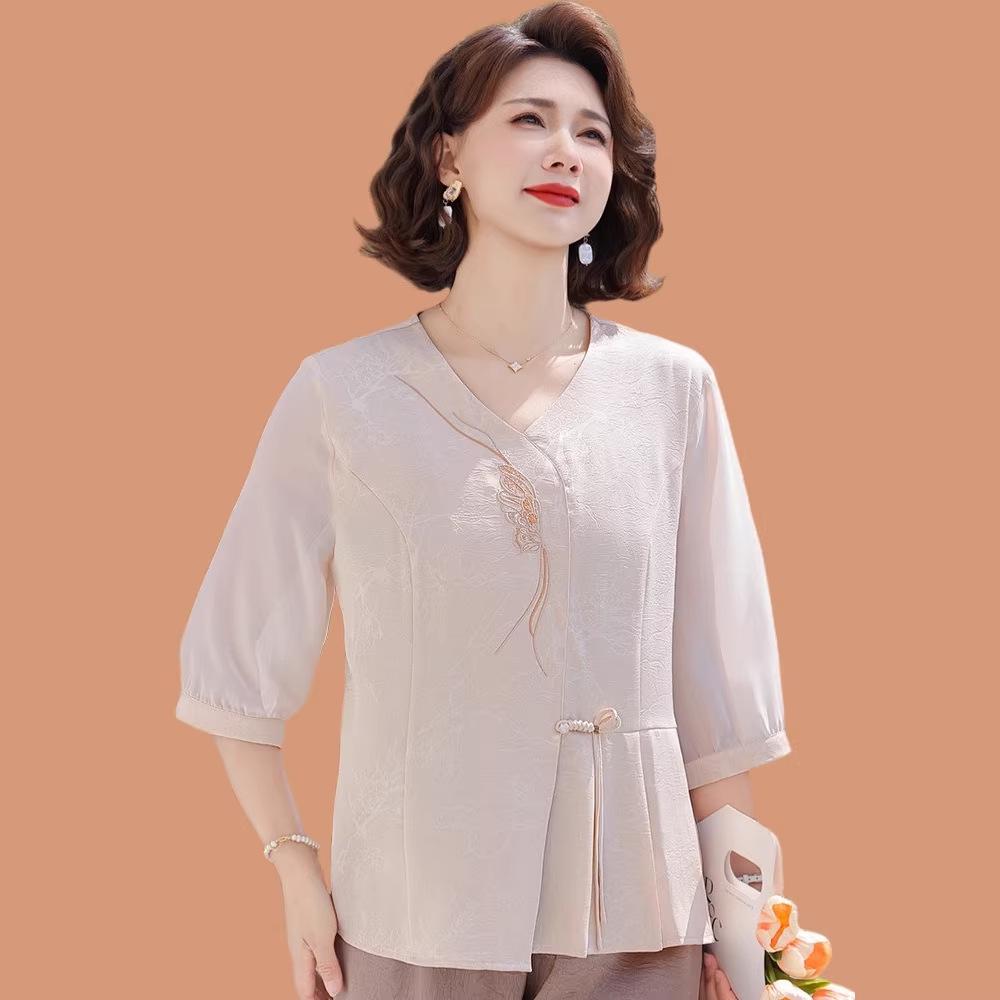 Elegant Chiffon Seven-Sleeve Top for Mom - Dignified & Stylish Summer Wear for Middle-Aged & Elderly Women