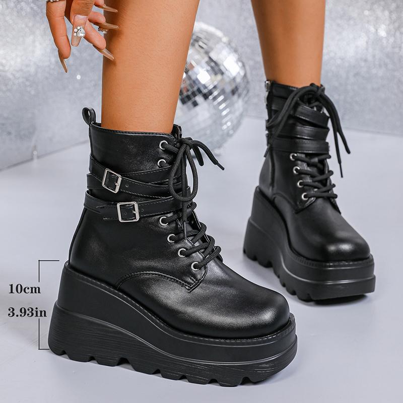 

Gothic Punk Platform Boots for Women Fashion Double Buckle Wedge High Heel Ankle Boots Woman Thick Bottom Black Combat Booties 43 чёрный