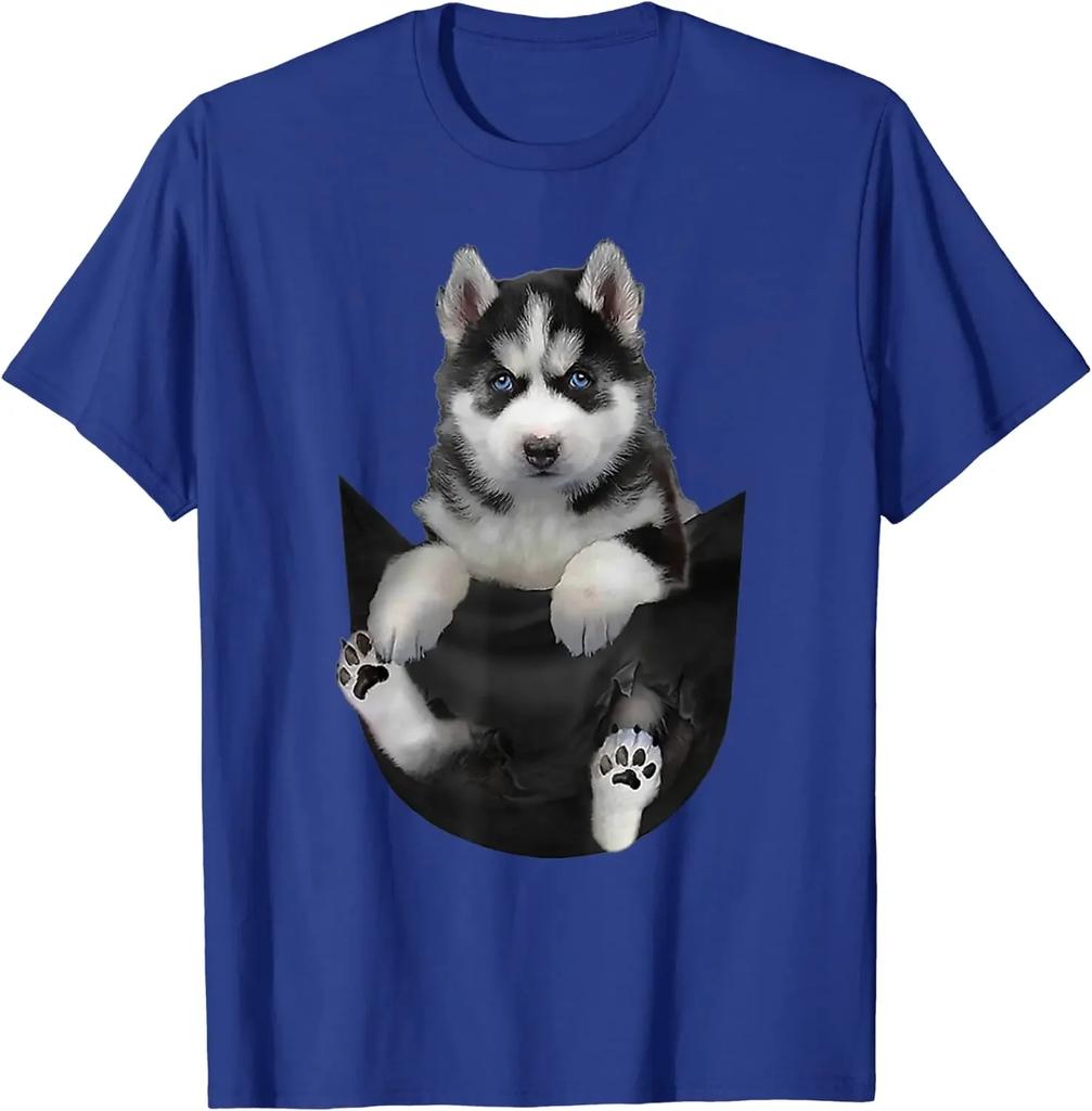 Puppy In Pocket Funny Design Husky Dog Lover Gift TShirt Short Sleeve Casual 100 Cotton ONeck Summer Mens Tshirt Size S3XL
