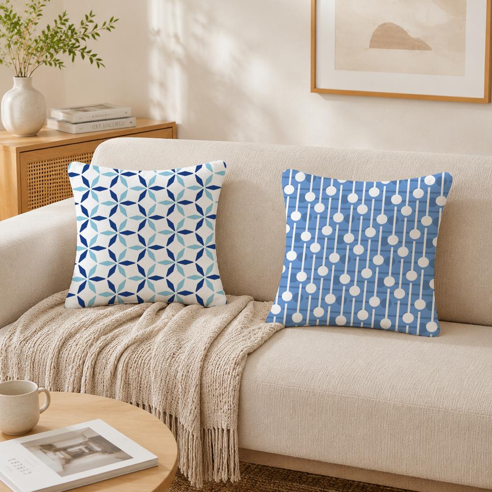 Blue And White Geometric Pillow Case Double-Sided Plush Sofa Cushion Covers Organic Breathable Invisible Zipper