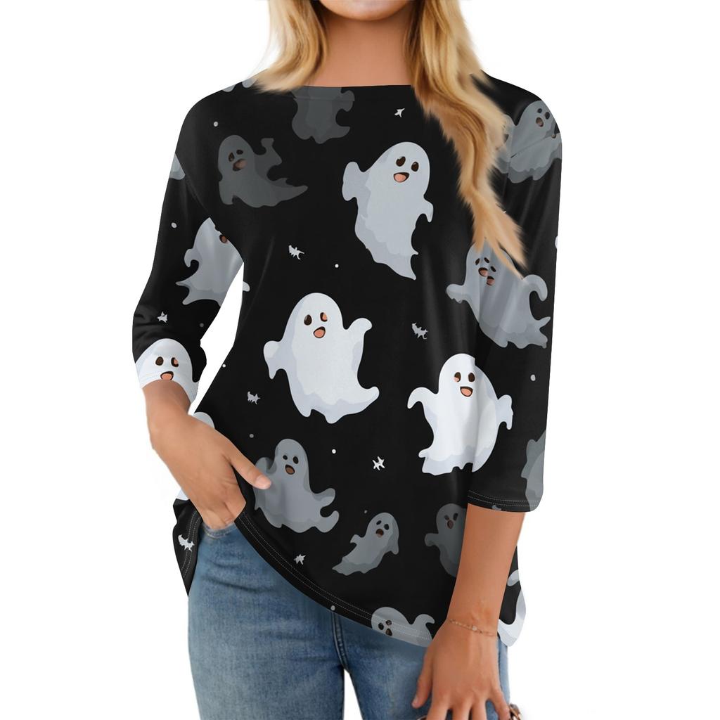 Women's Fashion Casual Round Neck Three-quarter Sleeve Halloween Printed T-shirt Top