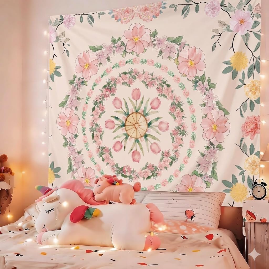 Pink Boho Mandala Floral Tapestry Wall Hanging for Bedroom, Bohemian Flower Aesthetic Cute Room Decor for Girls, Indian Style