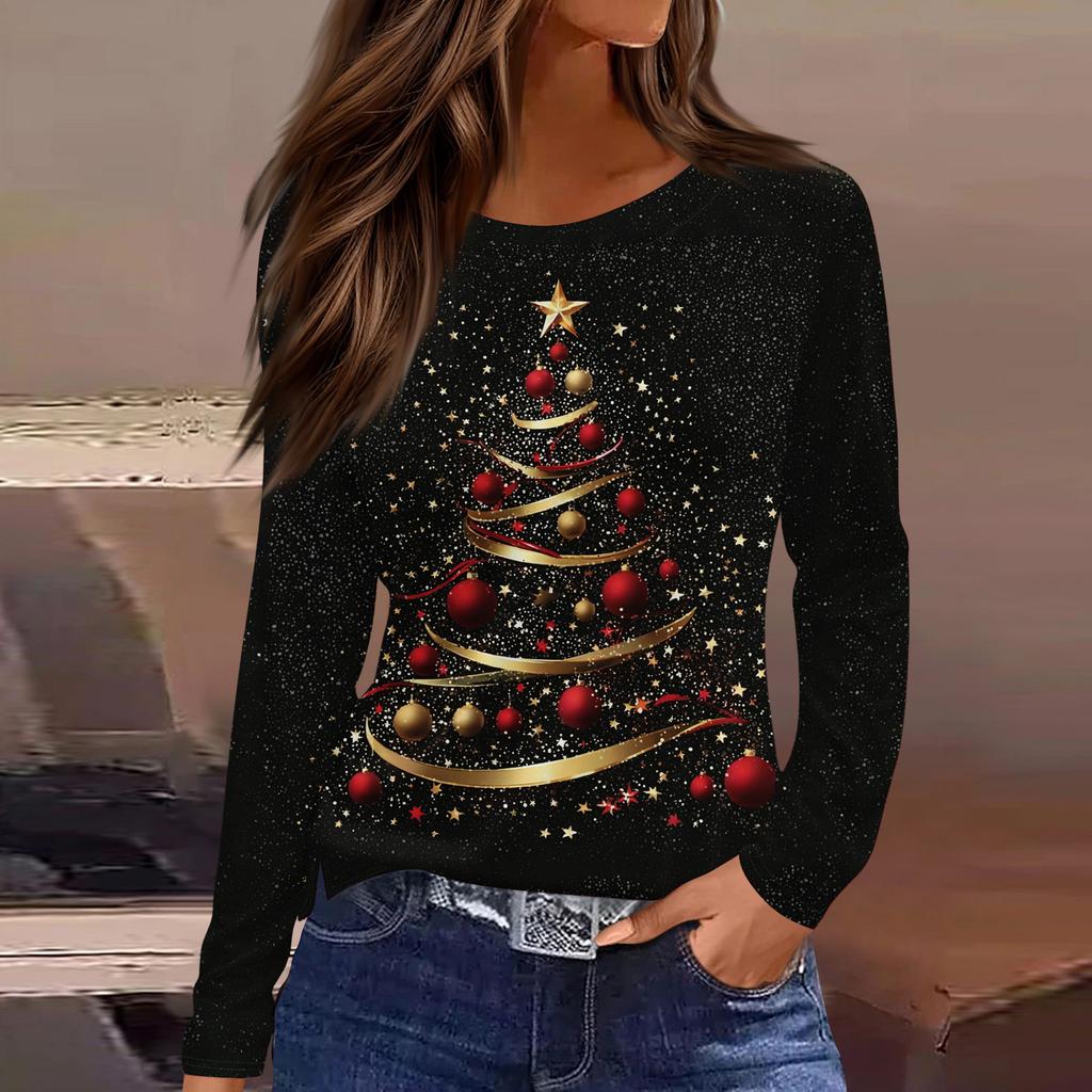Women's Fashion Casual Slit Hem Round Neck Long Sleeve Loose Christmas Printed T-Shirt Ladies Top