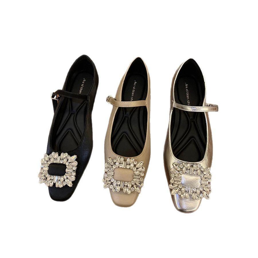 Coarse Heel French Silver Mary Jane Single Shoes Women's Shoes 2025 New Spring and Autumn Square Head Rhinestone Temperament High Heels
