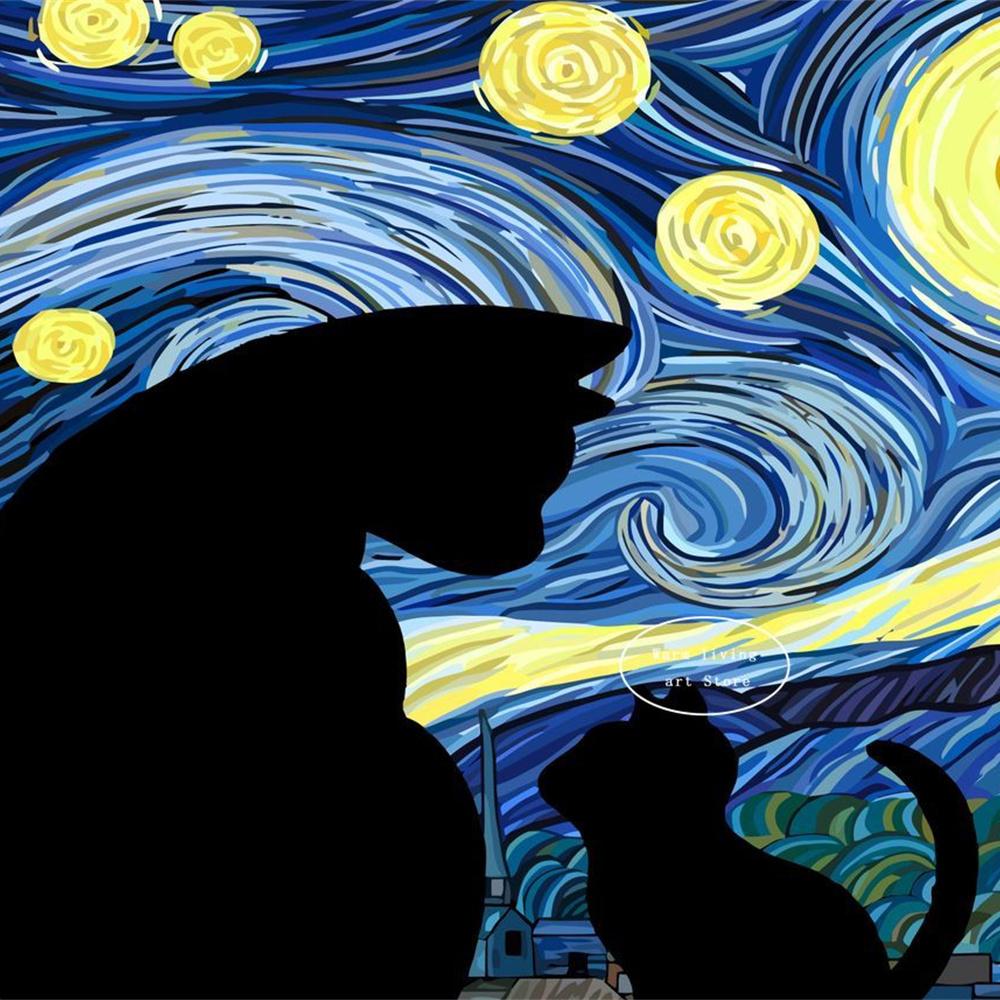 5D Diy Diamond Painting Cross Stitch Embroidery Mosaic Funny Black Cat Flower Van Gogh The Starry Night Full Round Drill Home Decor Wall Art Gift