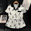 Cartoon Cat Print Ice Silk Pajamas Women'S Summer Short-Sleeved Cardigan Set Loungewear