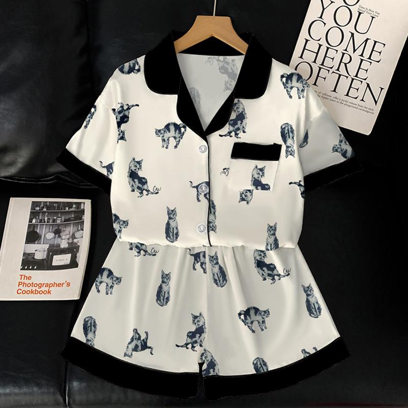 Cartoon Cat Print Ice Silk Pajamas Women'S Summer Short-Sleeved Cardigan Set Loungewear