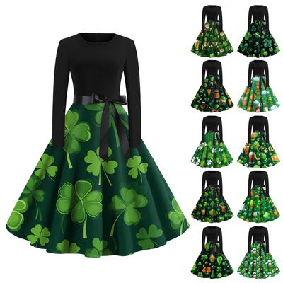 Women's Vintage Classic Dress Long Sleeve Valentine's Day Print Round Neck Swing Dress
