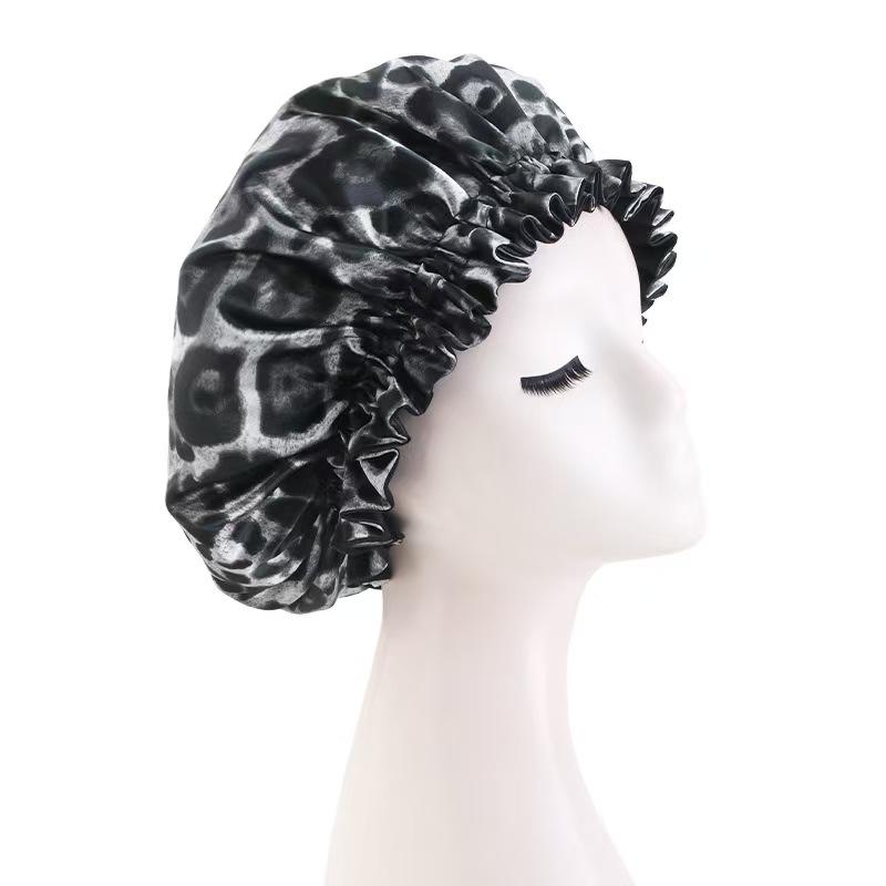 New Women Leopard Print Satin Nightcap Double Layer Silky Bonnet Adjustable Elastic Band Sleep Cap For Women Long Hair One Size