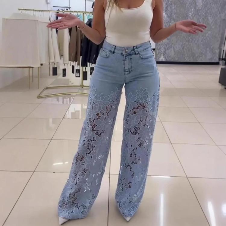 Damen Freizeithosen aus Denim Unifarben Schmal geschnitten Fließendes Design Vielseitig Spitze Patchwork