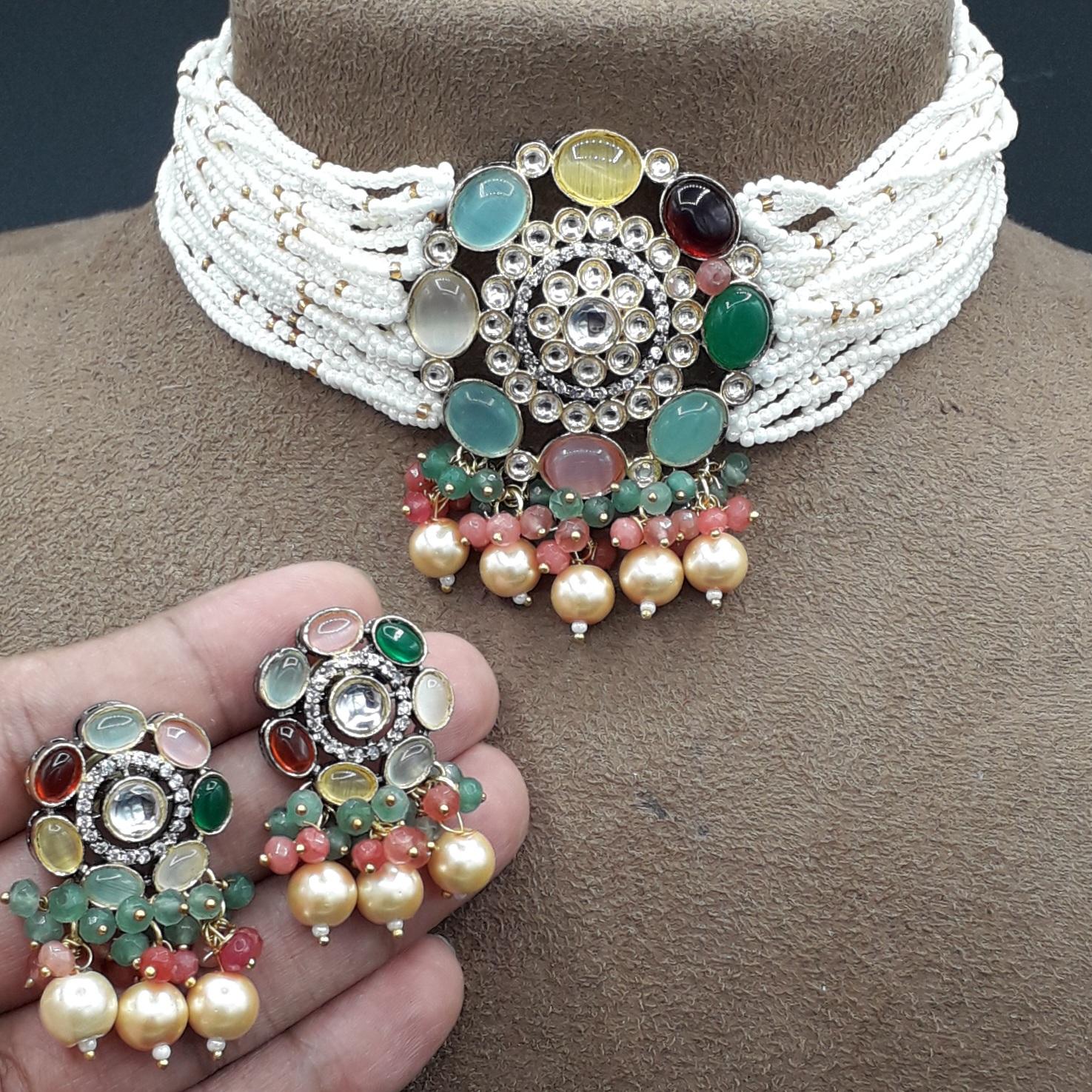 

Индийские женщины свадебная вечеринка разноцветный жемчуг горный хрусталь ожерелье серьги комплект ювелирных изделий