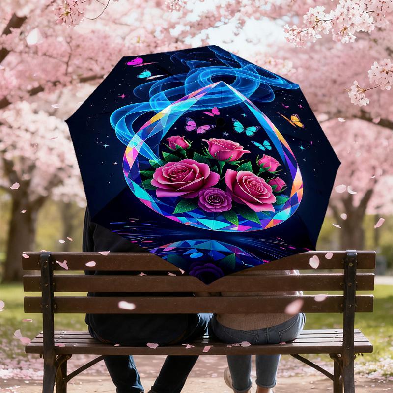 1pc Flowers Butterfly Automatic Open/Close Umbrella Compact Folding Umbrella with 8-Rib Shaft for Women/Men, Portable Travel Umbrella,1187S