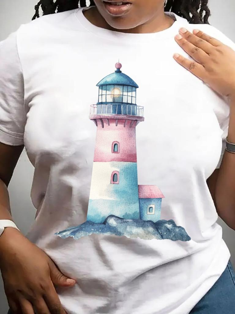 Women's T-Shirt Casual Round Neck Short Sleeve Tee for Spring/Summer,  Everyday Tshirt| Playful Print Tee| Fabric, Lighthouse Decor