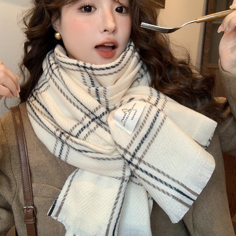 White plaid scarf women's autumn and winter new high-end warm and thickened imitation cashmere shawl dual-purpose scarf
