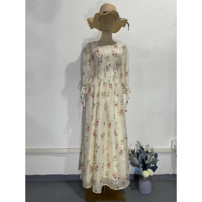 

Western Style New Floral Waist Hugging Square Collar Lace-up Dress Square Collar Lace up Dress Pink M