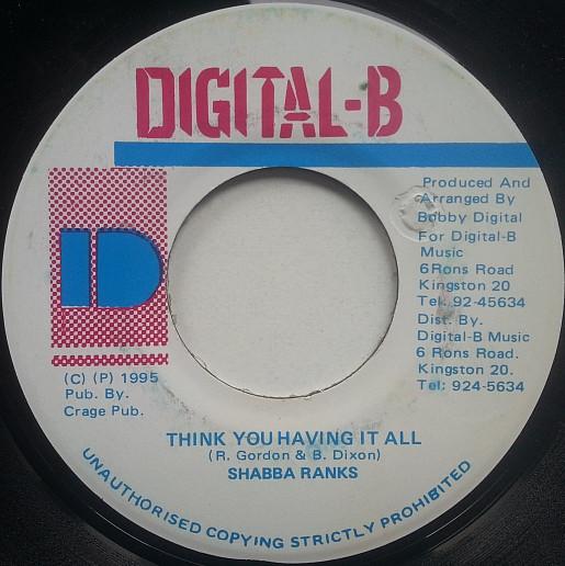 

7inch Record SHABBA RANKS Think You Having It All NONE DigitalB 1995 Jamaica Reggae Ska Dub Used