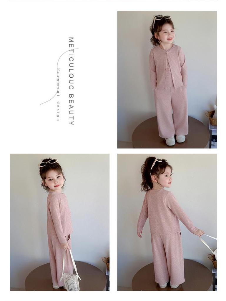 2025 Autumn Girls' Korean Style Three-Piece Set: Teddy Bear Cardigan, Knitted Sweater Vest, and Wide-Leg Pants